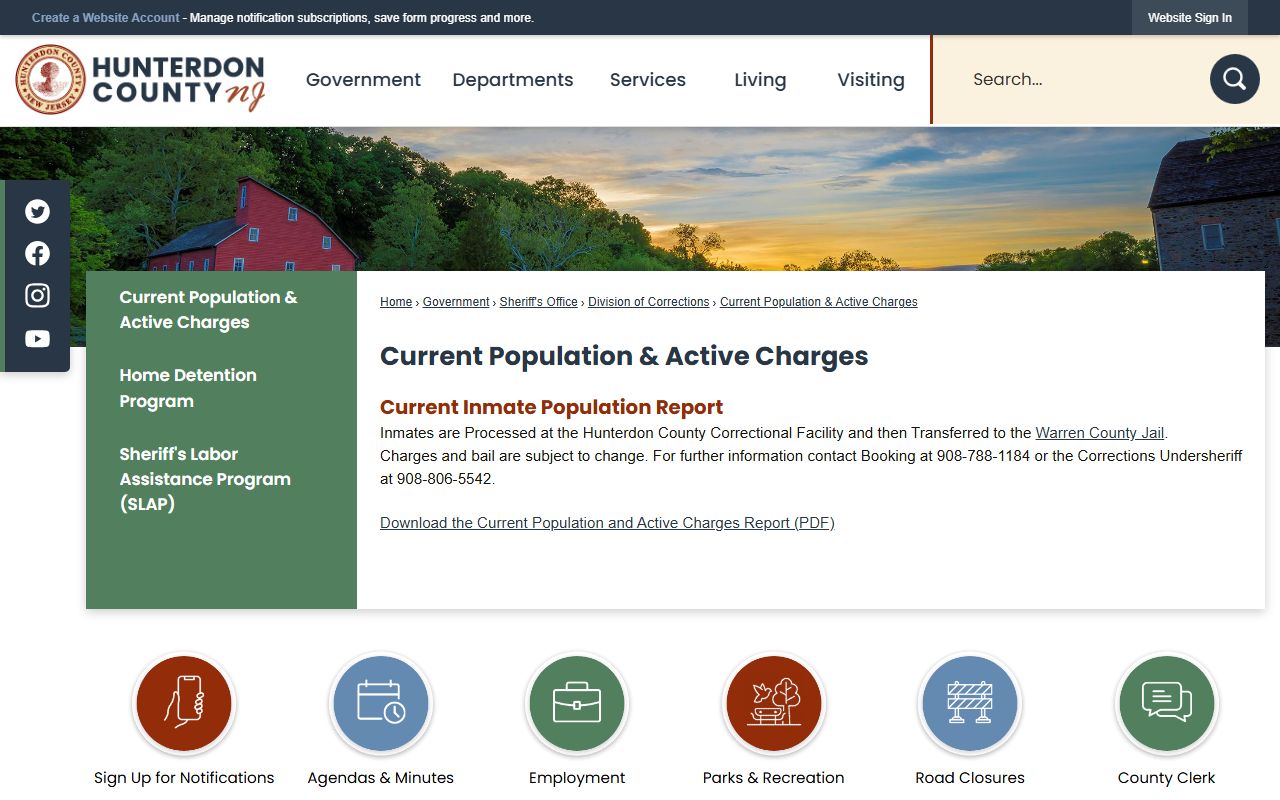 Warren County inmate population record source showing Hunterdon active charges page