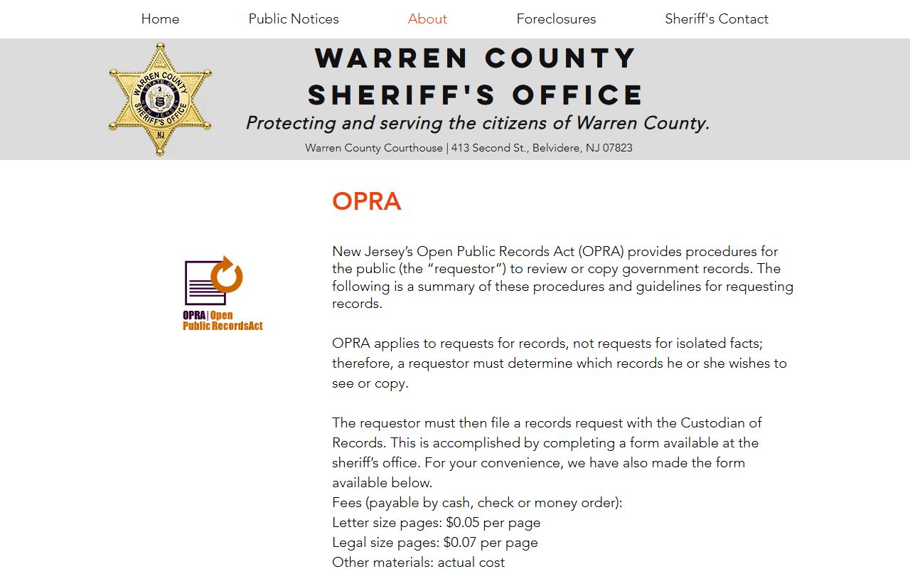 Warren County jail mugshots OPRA request page